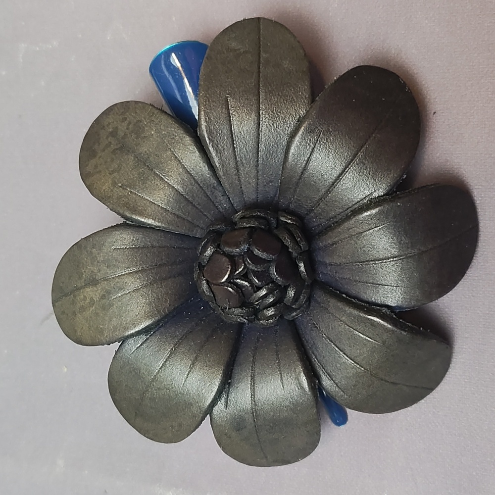 3" black leather flower hand crafted hair clip